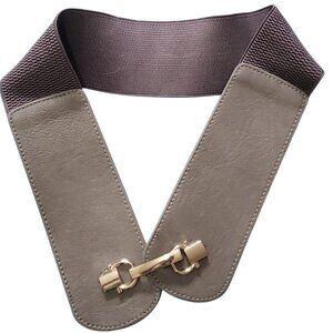 Womens Belt Gray Wide Waist Corset Waistband Elastic PU Leather Buckle Retro